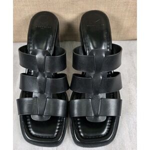 Marc Fisher LTD Louisa Black Leather Block Heel Slip On Mules Sandals Size 9M